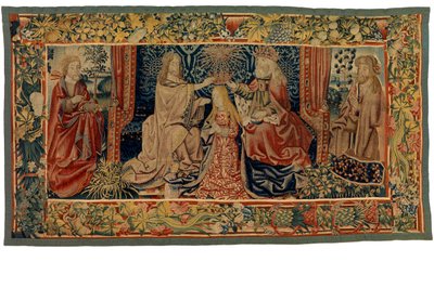 Altar frontal tapestry depicting the Coronation of the Virgin, between two saints by Flemish School