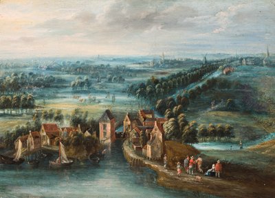 An Extensive Landscape with a Village by a River and Figures in the Foreground by Flemish School