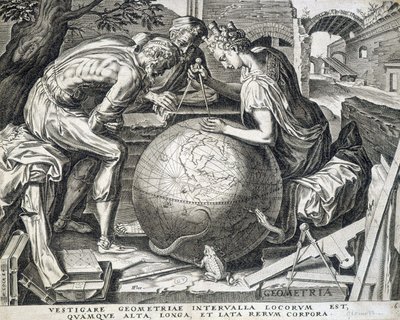 Characters leaning above the globe with compass (allegory of geometry) by Flemish School