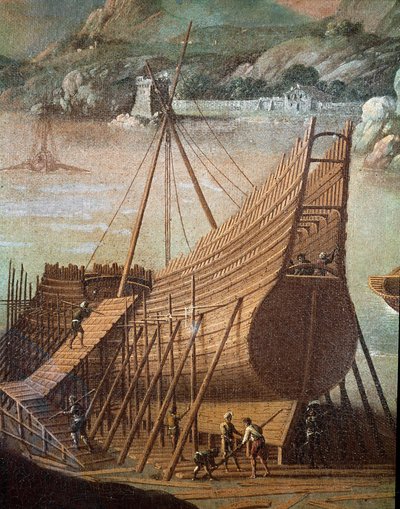 Construction of a galleon in a shipyard in Genoa (Detail) by Flemish School
