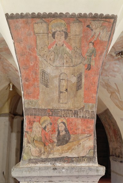 Daniel in the Lions Den, featuring below St Julian, his wife and Jesus Christ, mural from the crypt by Flemish School