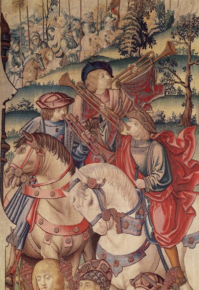 Detail of Trumpeters on horseback, from the Tapestry of David and Bathsheba by Flemish School