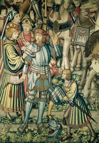 Detail of Uriah the Hittite being armed from Assembling the Riders, from the tapestry of David and Bathsheba by Flemish School