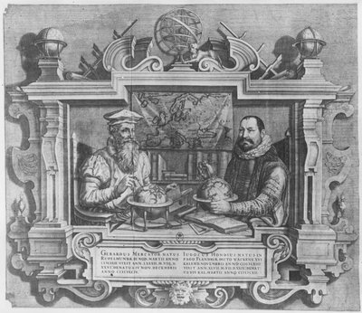 Double portrait of Gerard Mercator (1512-94) and Jodocus Hondius (1563-1612) engraved for inclusion in the Mercator and Hondius series of atlases, 1619 by Flemish School