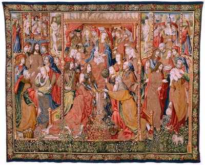 Flemish Tapestry. Series Episodes from the Life of the Virgin. The Prophecies are Fulfilled at the Birth of Christ. First Tapestry in the Series. Models Attributed to Jan von Roome. Manufacture Pieter van Aelst, Brussels. Ca 1502-1504 by Flemish School