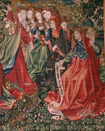 Series Human Redemption or Vices and Virtues. The Virtues challenge the Vices when Christ begins his ministry. Sixth tapestry in the series. by Flemish School