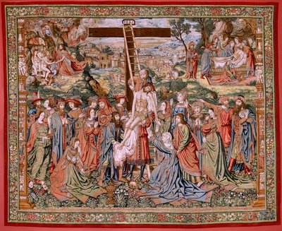 Flemish Tapestry. Series The Passion of Christ. The Descent from the Cross. The Second Tapestry Series of the Passion of Christ Belonging to the Patrimonio Nacional. Model Cartoonists from the Circle of Jan van Roome. Manufacture Pieter van Aelst, Brussels by Flemish School