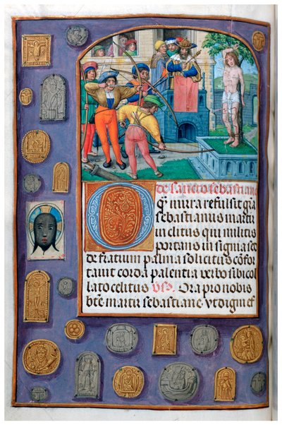 Martyrdom of St Sebastian with trompe l’oeil border of pilgrim badges and vernicle, from a Book of Hours, Flanders, early sixteenth century by Flemish School