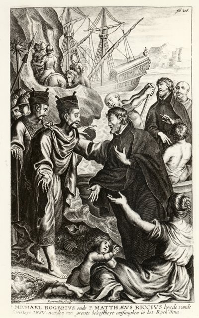 Michael Rogerius (1543-1607) and Matthaeus Riccius (1552-1610) arriving on the coast of China, illustration from a history of the Church by P. Cornelius Hazart, published in Antwerp, 1668 by Flemish School