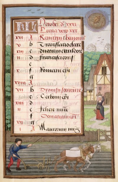 Ploughing with Two Horses, illuminated calendar page for October, from a Book of Hours, c.1500 by Flemish School