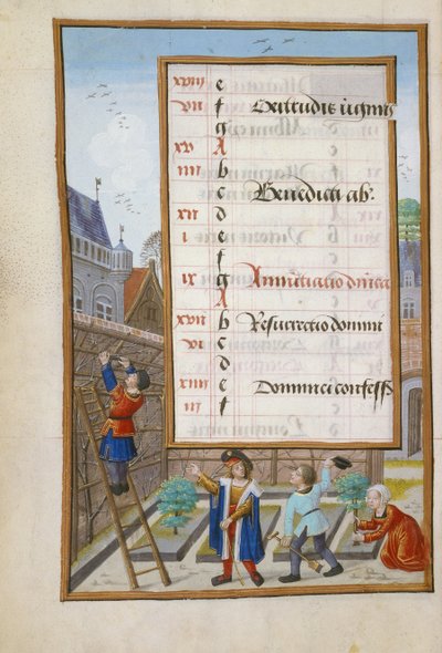 Owner Giving Orders to his Gardeners, illuminated calendar page for March, from a Book of Hours, c.1500 by Flemish School