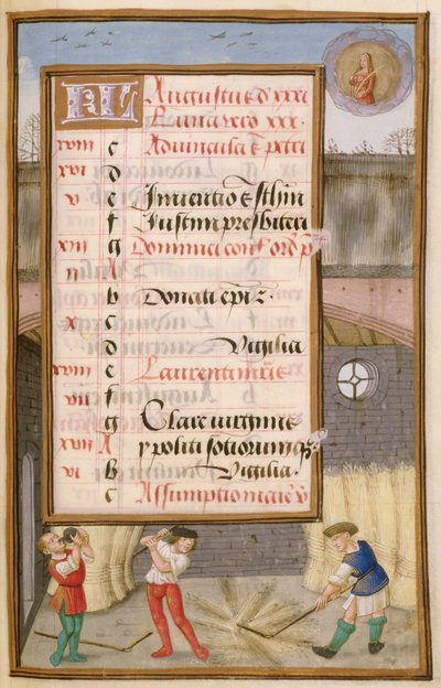 Threshing Corn in the Barn, illuminated calendar page for August, from a Book of Hours, c.1500 by Flemish School