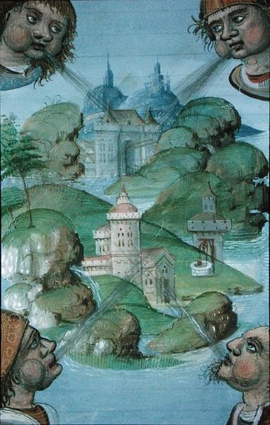 Ms Hunter 9 f.47v Four winds blowing at corners on a sea-girt landscape, from 