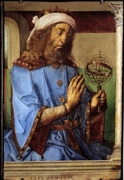Portrait of Ptolemy (Claudius Ptolemaeus, ca. 90-168), Greek astronomer. Painting by Pedro Berruguete (ca. 1450-before 1504) and Justus of Ghent (1435-1480) by Flemish School
