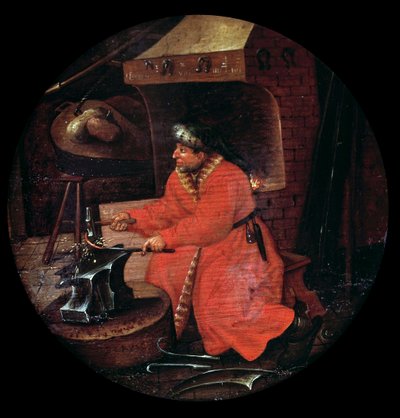 Representation of a Blacksmith Craftsman in His Blacksmith Striking a Metal Rod on an Anvil by Flemish School