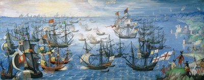 The launching of English fireships on the Spanish fleet off Calais with Queen Elizabeth I on horseback on shore, on the night of 7th August 1588 by Flemish School