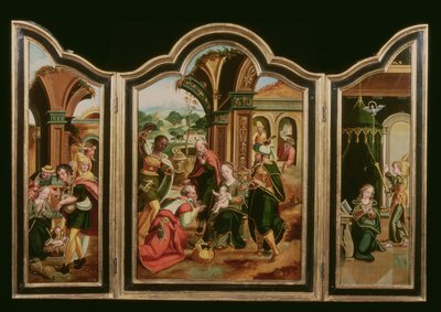Triptych: The Adoration of the Magi (central panel), Annunciation (LH panel), Adoration of the Shepherds (RH panel) by Flemish School