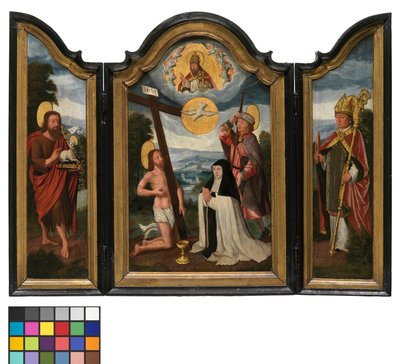 Triptych with the Holy Trinity, a Hospital Sister and Patron Saint by Flemish School