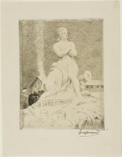 The Statue of The Resistance by Falguière, plate four of The Siege of Paris, 1870 by Félix Henri Bracquemond