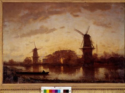 The banks of the Amstel River landscape with mills in the Netherlands by Félix Ziem