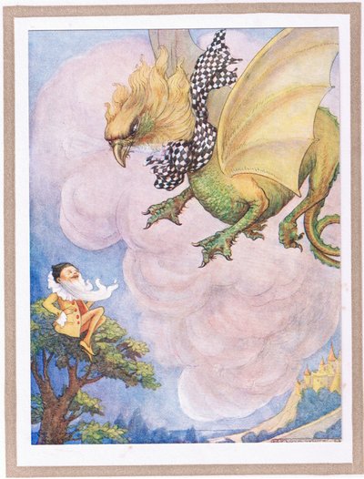 The griffin saw a little yellow man sitting on the top of a tree by Flora White