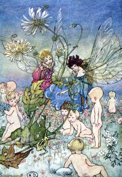 Woman-Dragonfly (Fairy) and Elf Surrounded by Babies by Florence Anderson