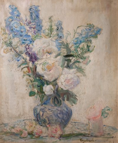 White Roses and Delphiniums by Florence Engelbach