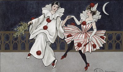 Postcard depicting Pierrot and his companion by Florence Hardy