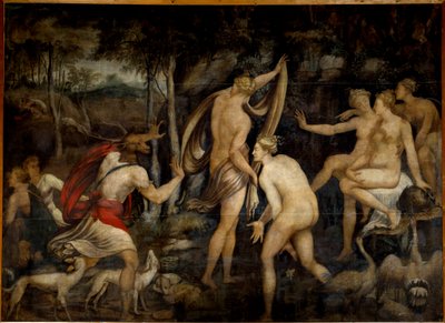 Diana (Artemis), goddess of hunting, and Actaeon, hunter. Painting of the School of Fontainebleau (16th century) by Fontainebleau School