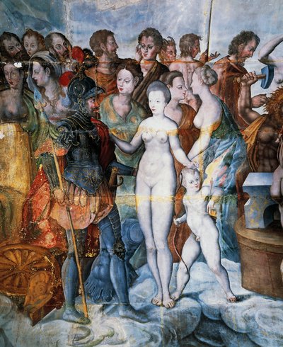 Henry II and Diane de Poitiers, frescoes in gilded tower of Ligue, Fontainebleau School, Tanlay Castle (16th-17th century), Burgundy, France by Fontainebleau School