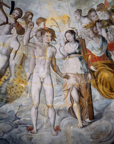 Mercury, messenger of gods and Psyche, Janus on right, frescoes in gilded tower of Ligue, Fontainebleau School, Tanlay Castle (16th-17th century), Burgundy, France by Fontainebleau School