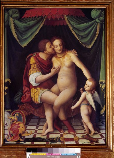 Venus and Mars, Representation of the Two Deities Kissing. Painting of the School of Fontainebleau, 16th Century by Fontainebleau School