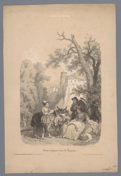 Group with a Donkey in Front of an Italian Mountain Village (Studies of Figures in a Landscape) by Fortuné Ferogio