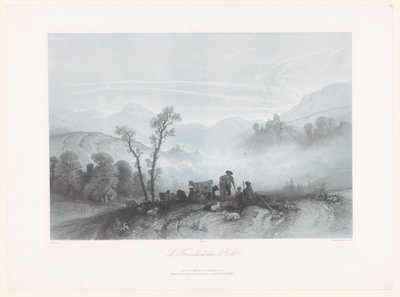Shepherds with Cows and Sheep in a Misty Valley by Fortuné Ferogio
