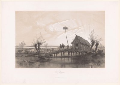 Marsh Landscape with Cows and Figures by a House with Bridge by Fortuné Ferogio