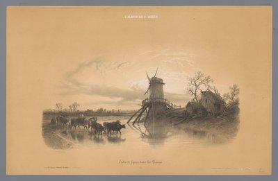 Mill with People and Animals Wading Through Water by Fortuné Ferogio