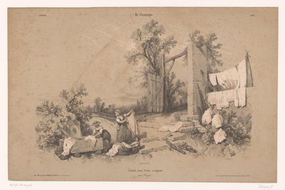 Two Women and a Child Doing Laundry Outdoors by Fortuné Ferogio