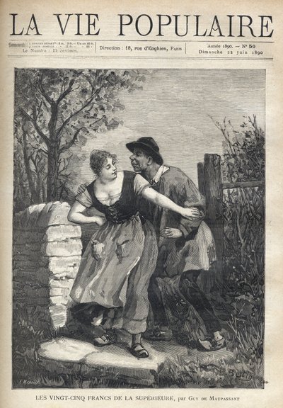 A couple of peasants, the man in a blouse and hoof, jumps the young woman who pushes him back with a smile and light. Illustration by E. Bertin for Les twenty five francs de la superieure by Guy de Maupassant. Engraving by Fortune Meaulle by Fortune Louis Meaulle