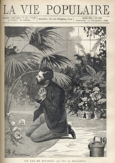 A desperate man prays on his knees in a greenhouse. Illustration by F. Meaulle after B. Borione for 