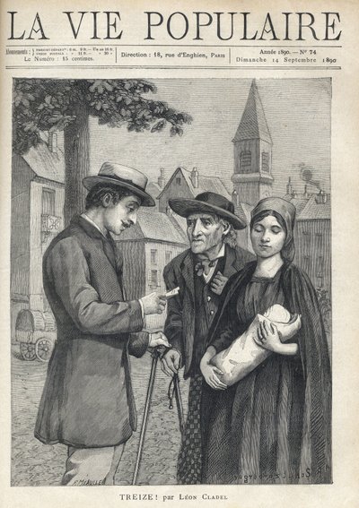 A nurse holding a new swaddling, accompanied by her father, an old peasant, with a determined eye, meets a man of the bourgeoisie, who carefully reads a paper, in the square of a provincial village. Illustration by Rene Schutzenberger (1860-1916) by Fortune Louis Meaulle