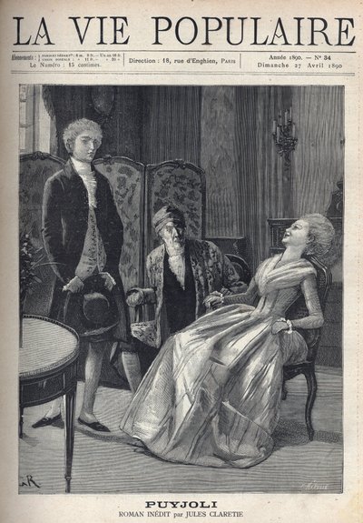 A pretty blond young man, looks bad, having just made his proposal, sees the girl caught with a laugh, spilled over on her chair, under the astonished eyes of her father. Illustration for Puyjoli by Jules Claretie (1840-1913). Engraving by Fortune Meaulle  by Fortune Louis Meaulle