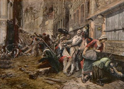 A Siege Episode in Lille, October 1792 - The Wig Maes Using a Bomb Shell as a Beard Dish to Shave a Client - Engraving by Meaulle after Gaston Melingue
