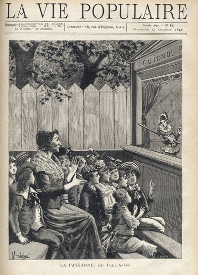 A woman in the middle of a group of children applauds a puppet show (Guignol). Illustration of Fortune Meaulle by Montegut for 