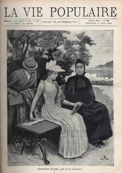 A young woman holding an open book, accompanied by her mother, sitting on a bench in front of a Mediterranean landscape. Behind them, a man leans over the young woman