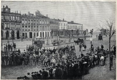 Depart of Bordeaux-Paris cycling race in 1891 - engraving by Meaulle of 1891 by Fortune Louis Meaulle