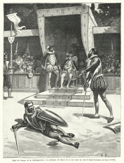 Duel between Guy Cabot de Jarnac and Francois de Vivonne, Seigneur de la Chataigneraie in front of King Henry II of France and all his court at St Germain-en-Laye by Fortune Louis Meaulle