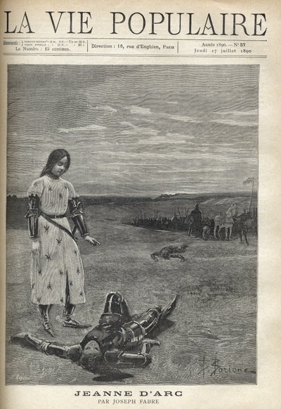 In front of the troop of armed knights, Joan of Arc in armor, looks with sadness at the body of a dead knight. Illustration by Bernard Borione for Joan of Arc by Joseph F by Fortune Louis Meaulle