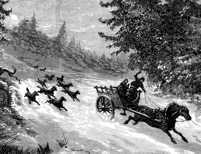 The fear of the wolf: A pack of wolves pursues a cart carrying three people, drawn by a horse running away in the snow, in a forest in the Ardennes - engraving by Meaulle in “The Illustrious Universe” No. 918, January 1872 by Fortune Louis Meaulle
