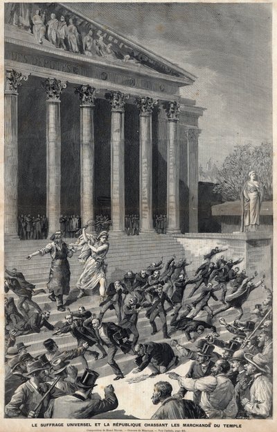Universal Suffrage and the Republic Chasing Merchants from the Temple - Allegory on the Aftermath of the Panama Affair - Engraving by Meaulle by Henri Meyer by Fortune Louis Meaulle