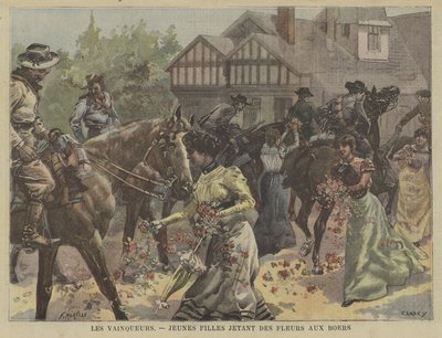 Young girls throwing flowers at victorious Boer troops in South Africa by Fortune Louis Meaulle